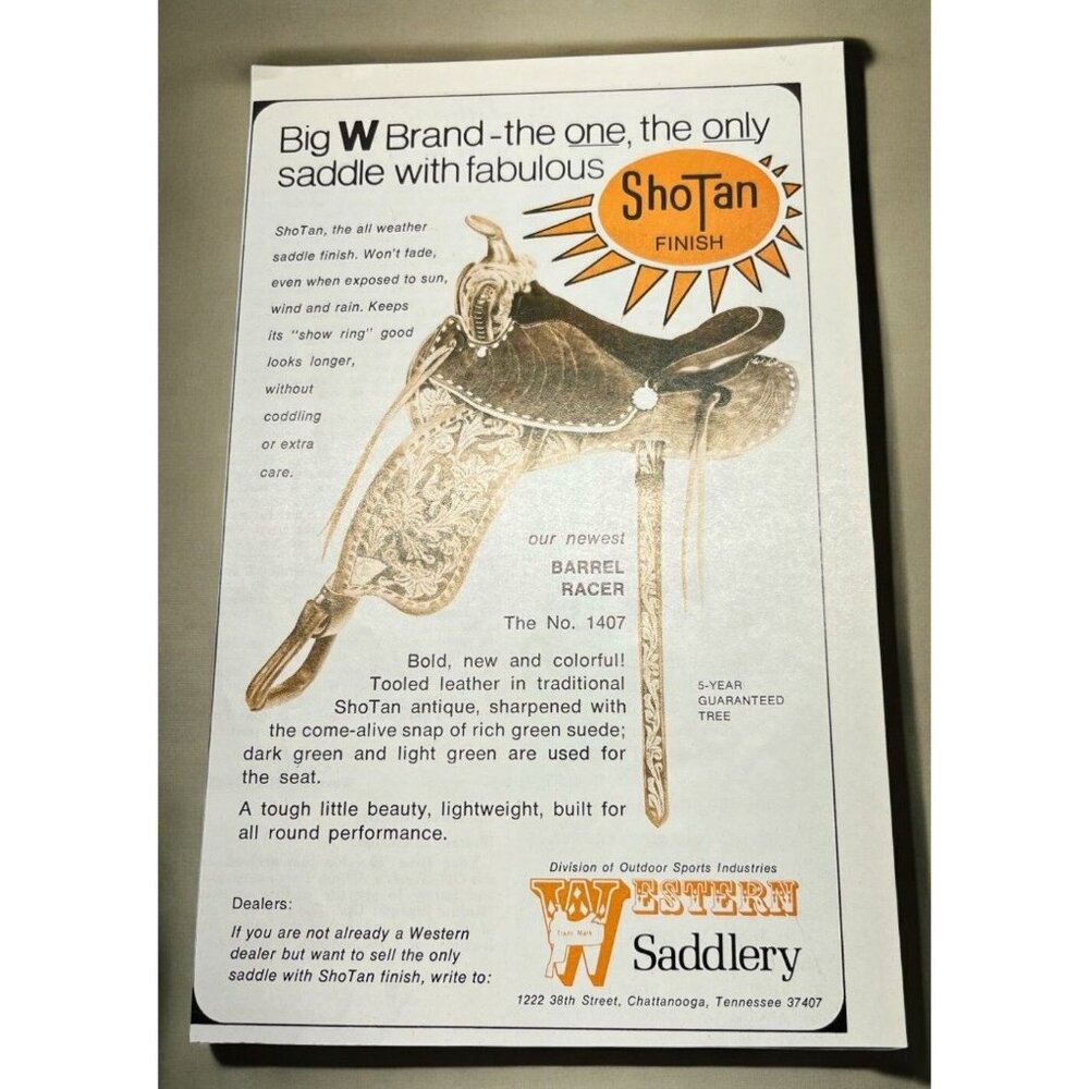 Western Saddlery Vintage Print Ad 1970s Barrel Racer Saddle ShoTan Finish